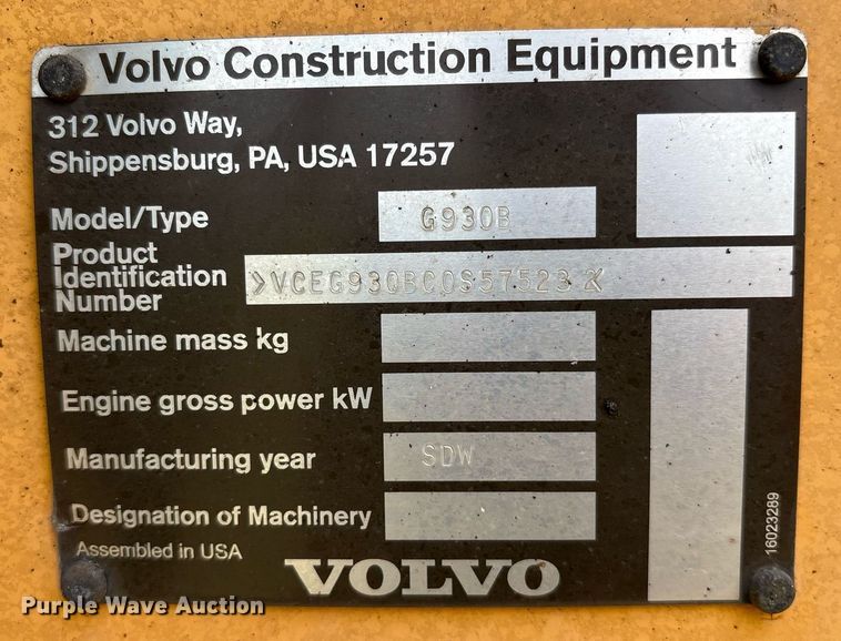 image for item DY0762 2012 Volvo G930B motor grader