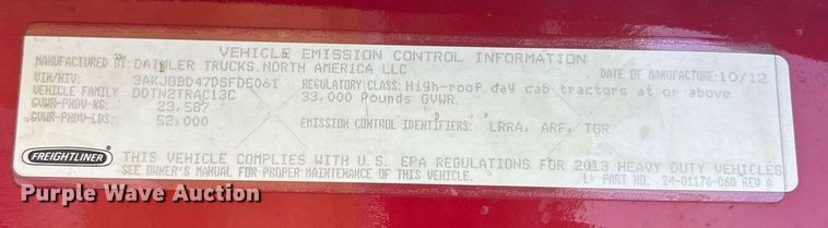 image for item DY0766 2013 Freightliner Cascadia dump truck