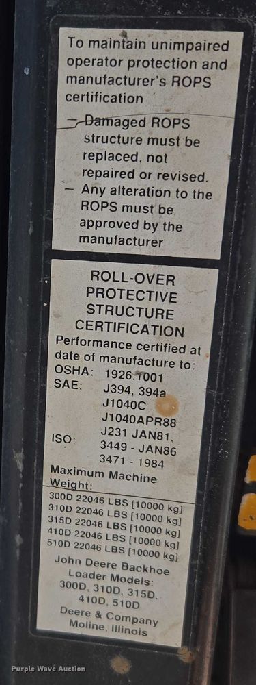 image for item DY0820 1992 John Deere 310D backhoe