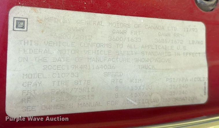 image for item DY0842 1994 Chevrolet C1500 Ext. Cab pickup truck