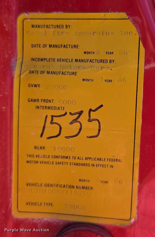 image for item EF3619 1986 Chevrolet  C70 Custom Deluxe pumper fire truck