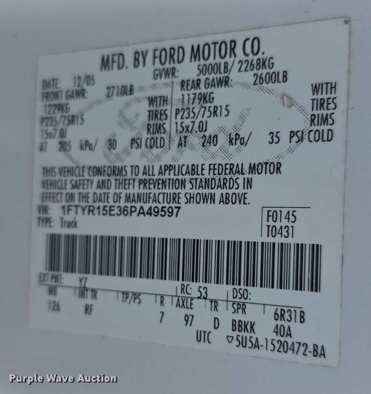 image for item EF3645 2006 Ford Ranger SuperCab pickup truck