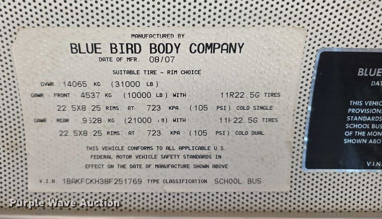 image for item EF3652 2008 Blue Bird Vision school bus