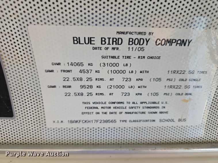 image for item EF3654 2007 Blue Bird Vision school bus