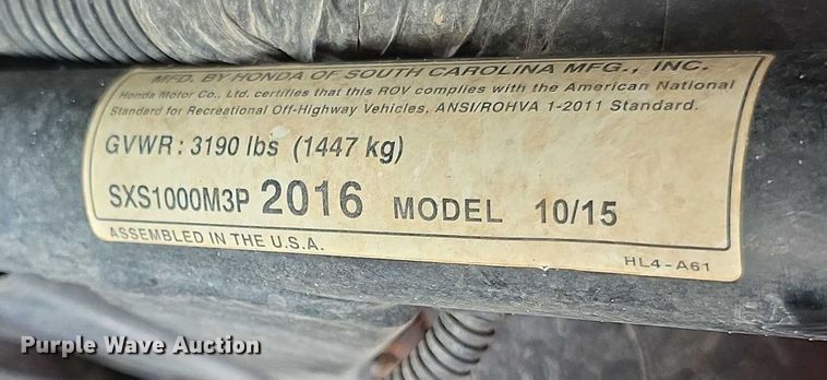 image for item EK5466 2016 honda Pioneer 1000 utility vehicle