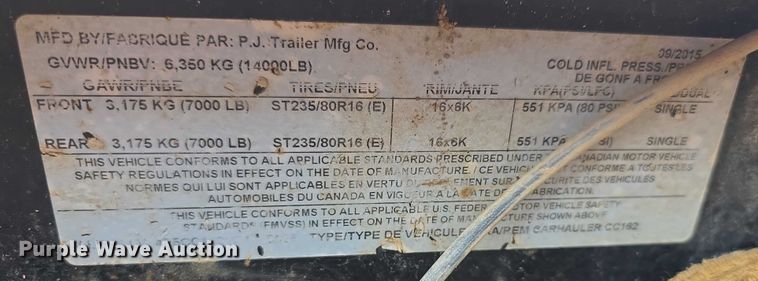 image for item EK5485 2016 PJ CC162 equipment trailer