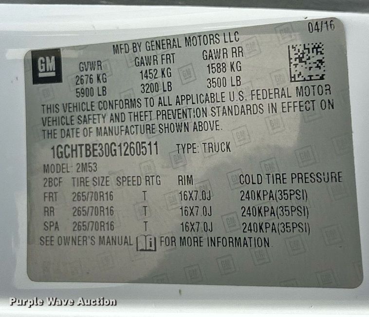 image for item EK8394 2016 Chevrolet Colorado Ext. Cab pickup truck