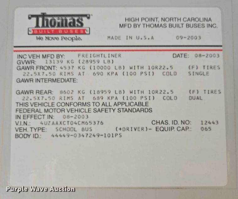 image for item EM2155 2004 Freightliner 101PS school bus