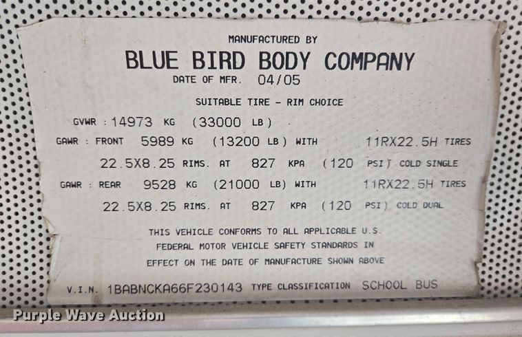 image for item EM2156 2006 Blue Bird All American school bus