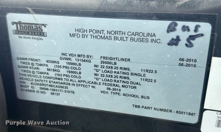 image for item EM2174 2011 Thomas B2 Bus Chassis school bus