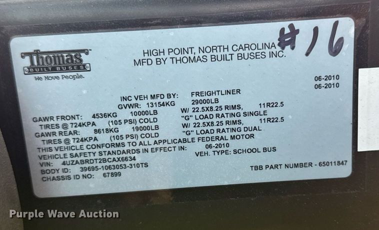 image for item EM2175 2011 Thomas B2 Bus Chassis school bus