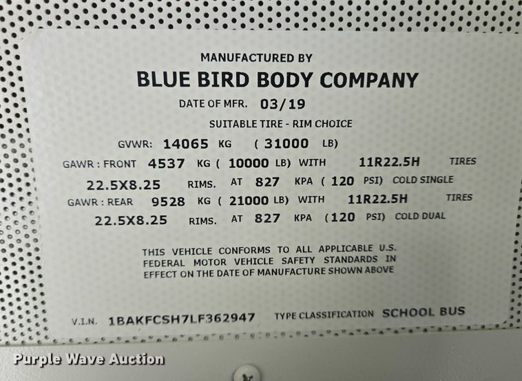 image for item EN8301 2020 BlueBird Vision school bus