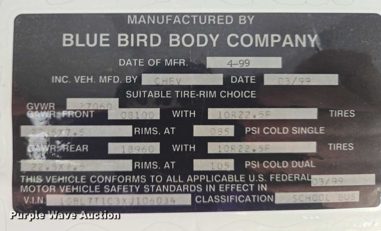 image for item EN8306 1999 Blue Bird school bus