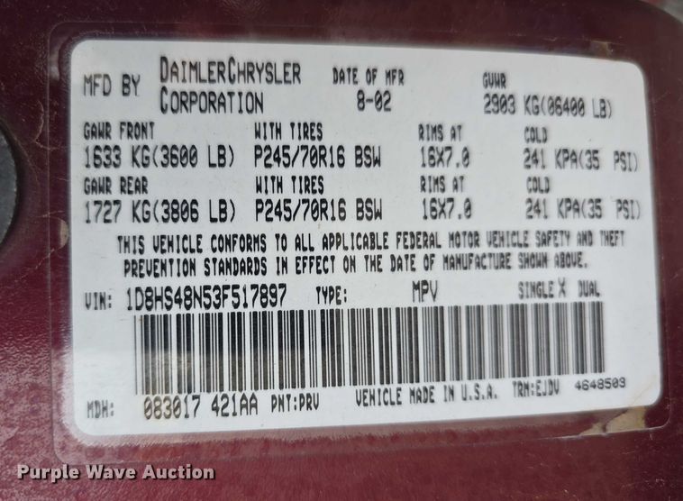 image for item EO1526 2003 Dodge Durango SLT SUV