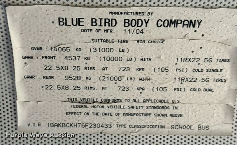 image for item ER2166 2006 Blue Bird Vision school bus