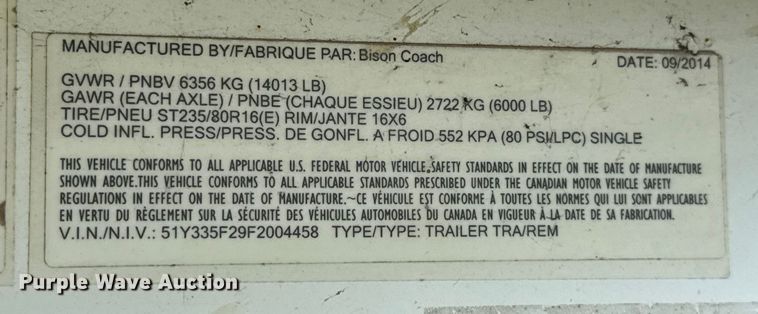 image for item DO7193 2015 Bison Coach Trail Hand livestock trailer