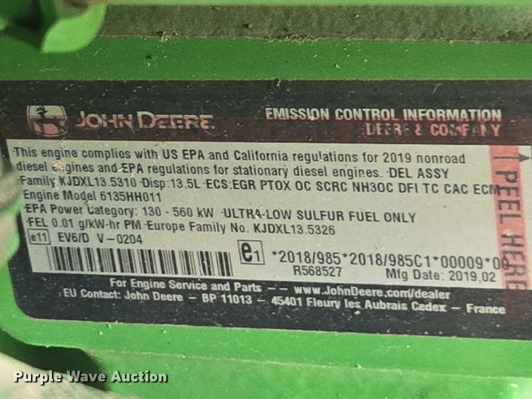 image for item DU7941 2019 John Deere S780 RWA combine