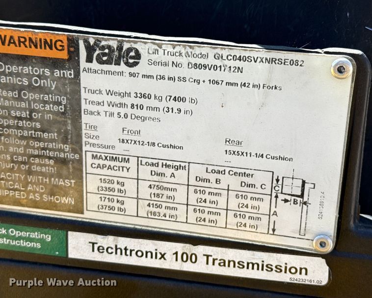 image for item DZ8786 2015 Yale GLC040SVNRSE082 forklift