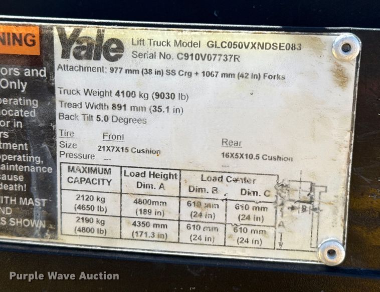 image for item DZ8787 2017 Yale GLC050VXNDSE083 forklift
