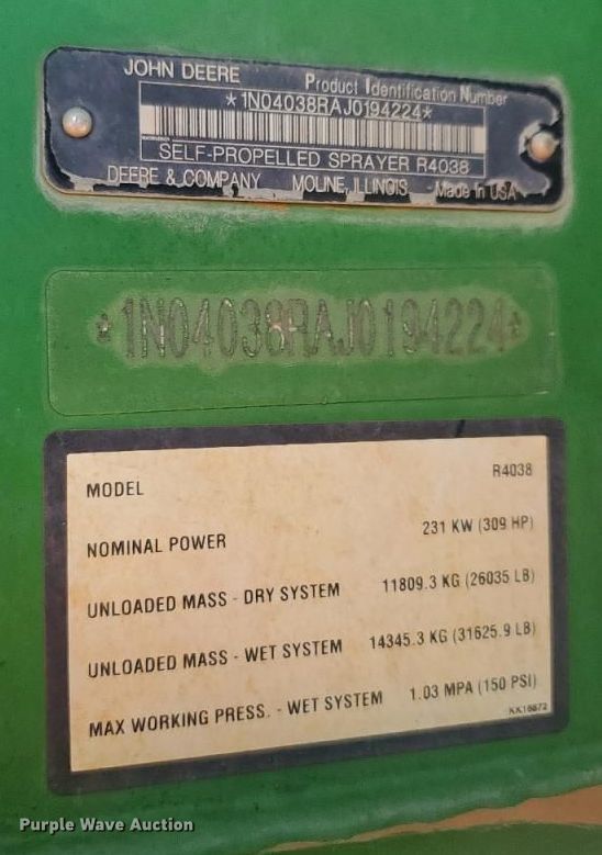 image for item YA0783 2018 John Deere R4038 sprayer