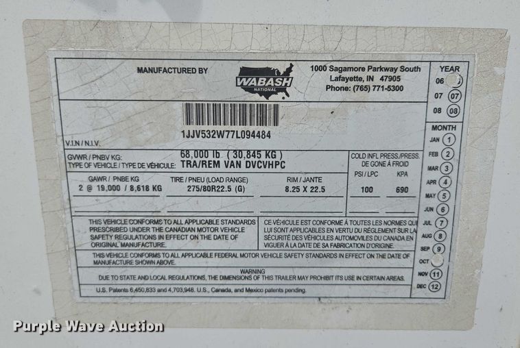 image for item DF8599 2007 Wabash DVCVHPC dry van trailer