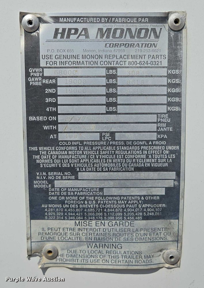 image for item DF8600 2002 Monon dry van trailer