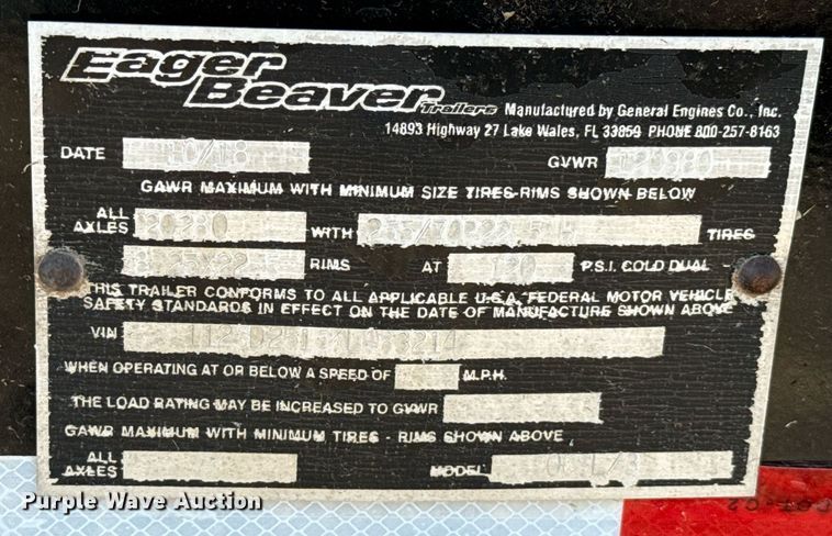 image for item DT6707 2019 General Engines Co, Inc. Eager Beaver 50GSL lowboy equipment trailer