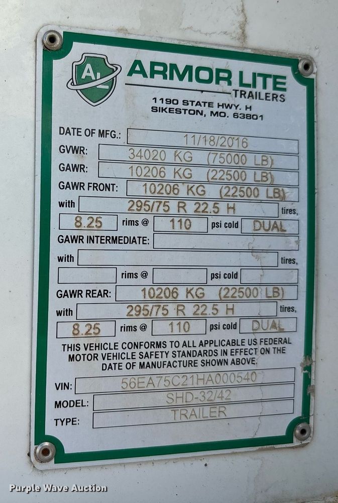 image for item DT6710 2017 Armor Lite SHD-32/42 end dump trailer