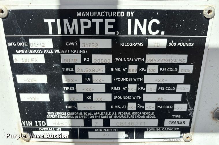 image for item DT6714 2012 Timpte Supper Hopper grain trailer
