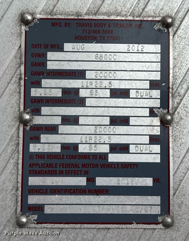 image for item DW3420 2013 Travis end dump trailer