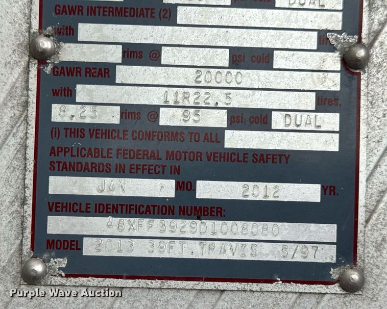 image for item DW3420 2013 Travis end dump trailer