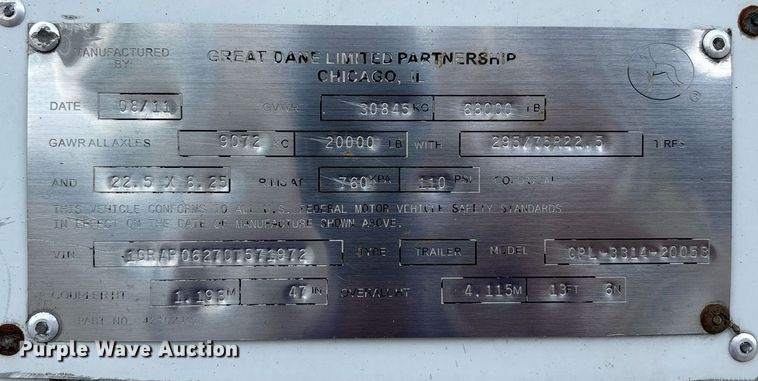 image for item DW7193 2012 Great Dane CPL-3314-20053 dry van trailer