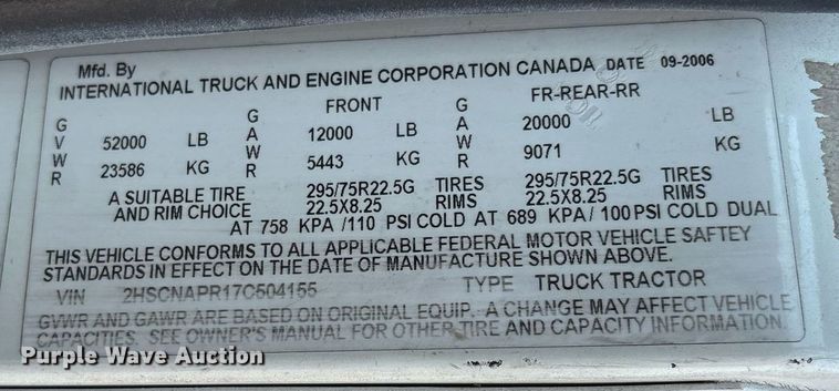 image for item DX8028 2007 International 9400I semi truck