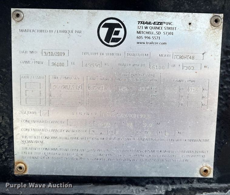 image for item DX8053 2009 Trail-EZE TE80HT48 drop deck hydraulic tail equipment trailer