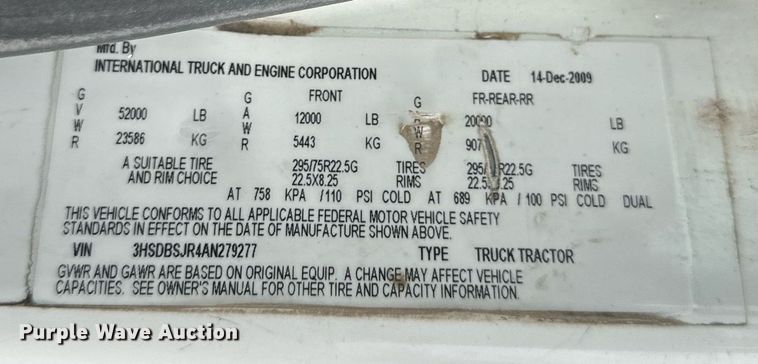 image for item EB2797 2010 International Prostar truck cab and chassis