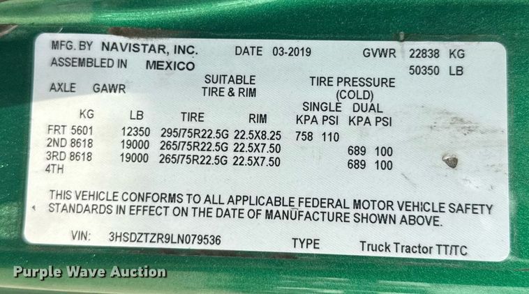 image for item EC3648 2020 International LT625 semi truck