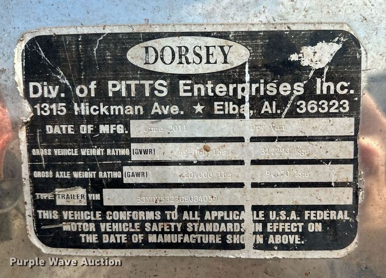 image for item EF1786 2012 Dorsey dry van trailer