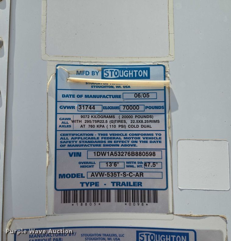 image for item EF1852 2006 Stroughton AVW-535T-S-C-AR dry van trailer