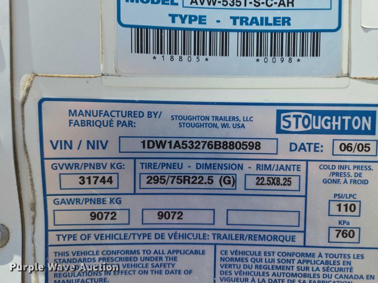 image for item EF1852 2006 Stroughton AVW-535T-S-C-AR dry van trailer