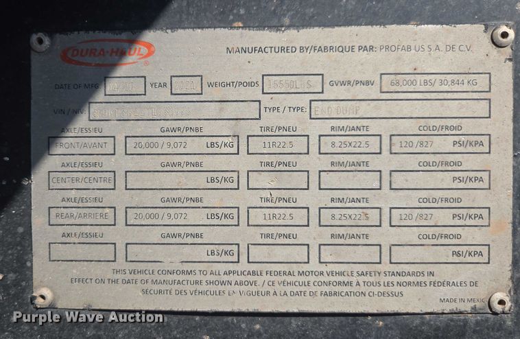 image for item FB9433 2021 Dura-Haul end dump trailer