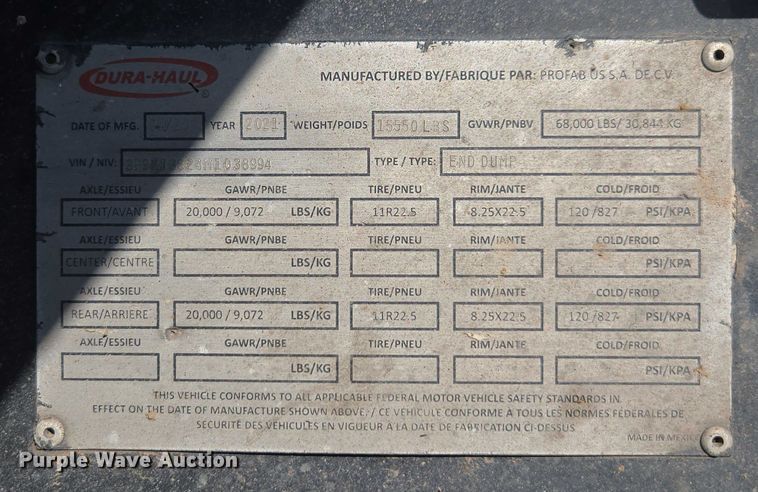 image for item FB9434 2021 Dura-haul end dump trailer