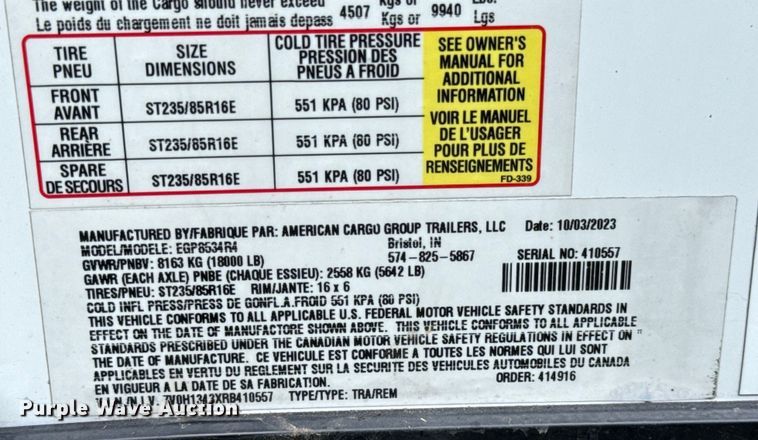 image for item DO7195 2024 Haulmark EGP8534R4 enclosed cargo trailer