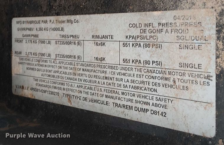 image for item DS3859 2015 PJ Trailers D8142 dump trailer