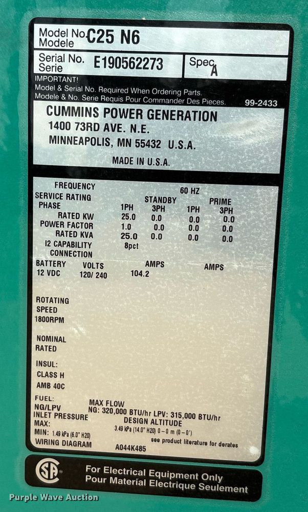 image for item DT6693 Cummins C25 N6 generator
