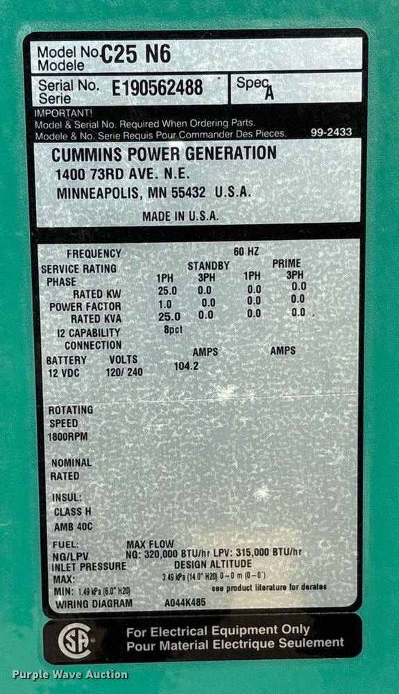image for item DT6694 Cummins C25 N6 generator
