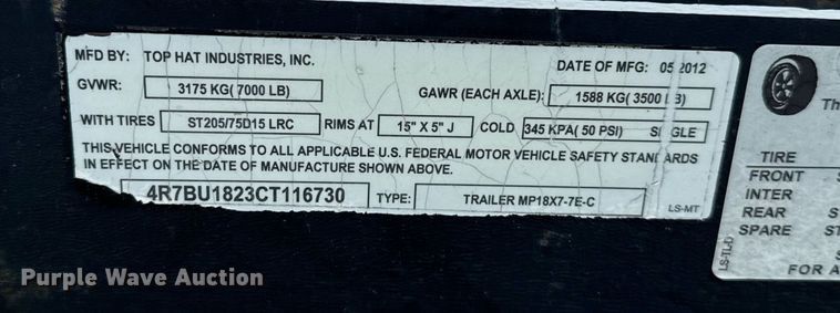 image for item DT6705 2012 Top Hat MP18X7-7E-C utility trailer