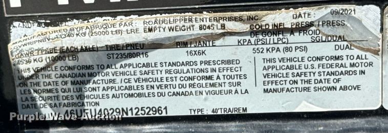 image for item DU9427 2022 Roadclipper MAX210 equipment trailer