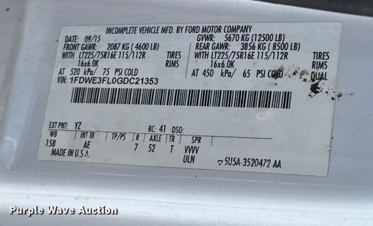 image for item DW5176 2016 Ford E350 box truck