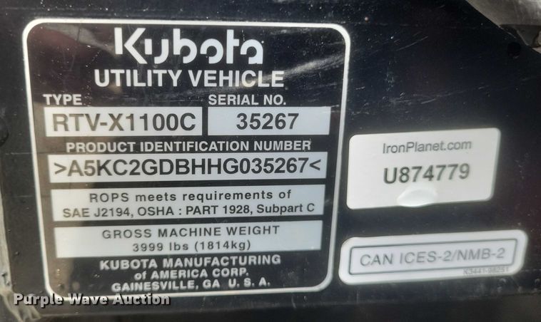image for item DW7051 2017 Kubota RTV X1100C utility vehicle