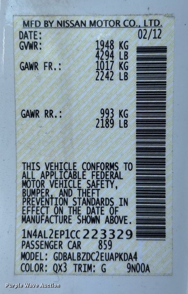 image for item DW7220 2012 Nissan Altima  